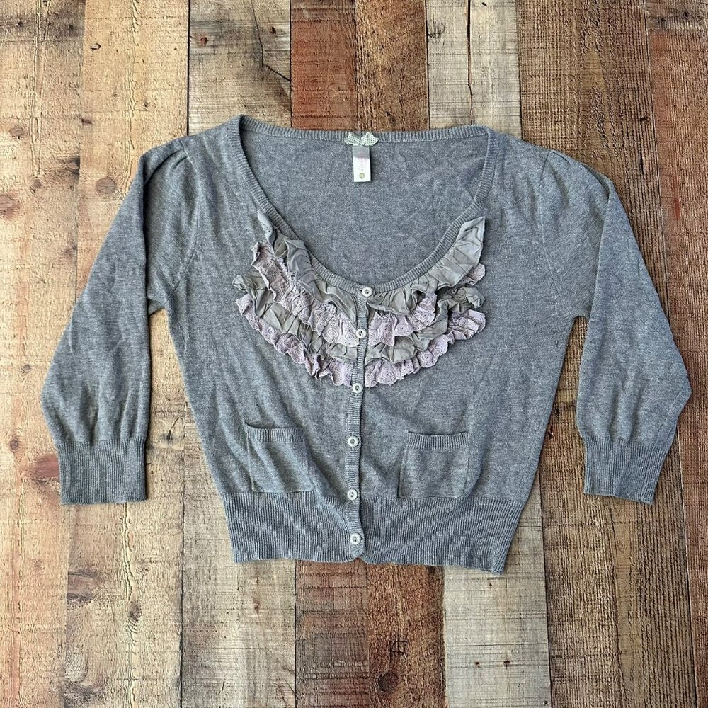 Downeast basics gray scoop neck ruffle button front long sleeve top women's xl